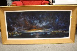 A LARGE GILT FRAMED OIL ON BOARD DEPICTING NIGH TIME HARBOUR SCENE SIGN KLEE LOWER RIGHT