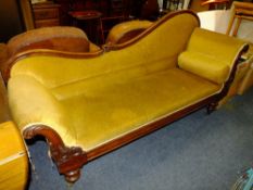 A 19TH CENTURY FRAMED UPHOLSTERED SCROLL ARM SETTEE