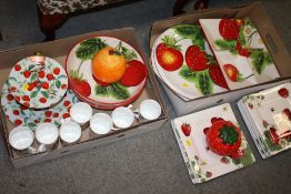 A QUANTITY OF STRAWBERRY PATTERNED DINNER WARE TO INCLUDE A CAKE STAND