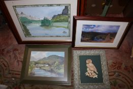 TWO FRAMED AND GLAZED WATERCOLOURS OF RIVER SCENES TOGETHER WITH A PRINT AND A 3D OWL PICTURE