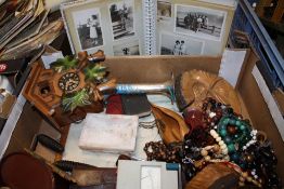 A TRAY OF COLLECTABLES TO INCLUDE A CUCKOO CLOCK, BLACK AND WHITE PHOTO ALBUM, CARVED TREEN ETC