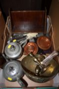 A BOX OF METALWARE TO INCLUDE PEWTER TEAPOT, FLATWARE ETC