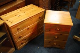 A HONEY PINE CHEST OF DRAWERS AND A BEDSIDE CHEST (2)