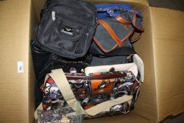 A BOX OF HANDBAGS, PURSES ETC