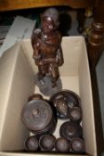 A BOX OF CARVED TREEN TO INCLUDE A TRIBAL STYLE FIGURE OF A MAN