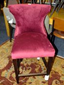 A MODERN PURPLE UPHOLSTERED BAR STOOL
