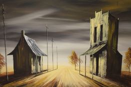 A FRAMED OIL ON BOARD OF A MID WEST AMERICA STYLE ROAD INDISTINCTLY SIGNED LOWER LEFT, 61CM X 45.