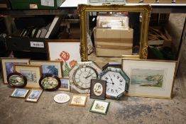 A GILT FRAMED MIRROR TOGETHER WITH A QUANTITY OF PRINTS, WATERCOLOUR, CLOCKS ETC