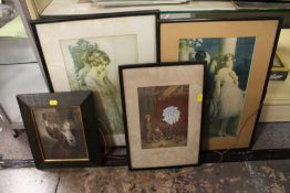 THREE COLOURED PRINTS TOGETHER WITH A HAND COLOURED ENGRAVING OF A WOMEN