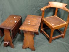 AN OAK CORNER ARMCHAIR WITH A SMALL OAK TABLE AND STOOL (3)