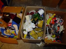 THREE BOXES OF ASSORTED ITEMS TO INCLUDE TOYS, PICTURE FRAMES, SUNDRIES ETC