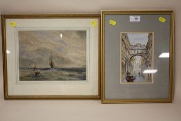 TWO FRAMED AND GLAZED WATERCOLOURS DEPICTING A VENETIAN SCENE TOGETHER WITH SEASCAPE (2)