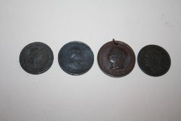 A GEORGIAN CARTWHEEL PENNY PLUS ANOTHER, PLUS TWO ANTIQUE TOKENS (4)