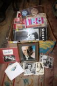 A BOX OF FILM STAR MEMORABILIA TO INCLUDE AUTOGRAPHS, POSTCARDS, MAGAZINES ETC