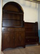 AN OAK DOME TOPPED DISPLAY UNIT / WELSH DRESSER AND A STAG SINGLE DRAWER BOOKSHELF