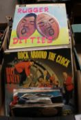 A TRAY OF LP RECORDS AND SINGLES TO INCLUDE BILL HALEY & THE COMETS, 'RUGGER DITTIES' ETC.