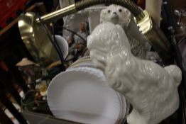 A TRAY OF SUNDRIES AND CERAMICS TO INCLUDE A READING LAMP, TWO STAFFORDSHIRE STYLE SPANIELS ETC.