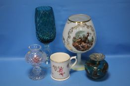 A MDINA GLASS VASE TOGETHER WITH TWO OTHER GLASS VASES, A CUT GLASS CANDLE HOLDER AND A ROYAL