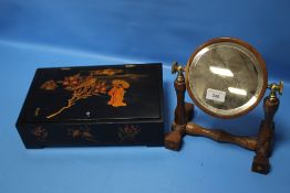 AN ORIENTAL STYLE BOX TOGETHER WITH A MINIATURE DRESSING TABLE MIRROR