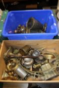 TWO BOXES OF METALWARE TO INCLUDE BRASS