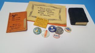 VINTAGE ADVERTISING BADGES, AN ALBUM OF MOTORCYCLE CARDS AND MISCELLANEOUS ITEMS