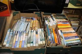 TWO TRAYS OF PAPERBACK NOVELS TO INCLUDE PATRICK O'BRIEN, FLASHMAN, JOHN MORTIMER ETC.