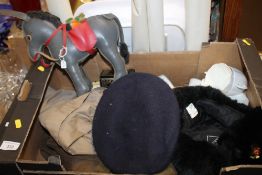 A BOX OF MILITARY ITEMS TO INCLUDE A RUSSIAN STYLE HAT AND A LEATHER DONKEY