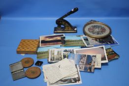 A QUANTITY OF COLLECTABLES TO INCLUDE POSTCARDS, FRAMED TAPESTRY, POSTERS, CAST LETTER PRESS STAMP