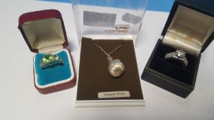 A VINTAGE STERLING SILVER ELIZABETH DUKE NECKLACE WITH 'PEAR' PENDANT AND TWO WHITE METAL LADIES