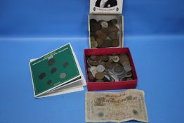 A QUANTITY OF ASSORTED COINS AND A BANKNOTE