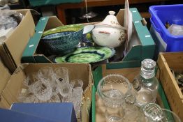 TWO TRAYS OF GLASSWARE TOGETHER WITH A TRAY OF CERAMICS (3) (TRAYS NOT INCLUDED)