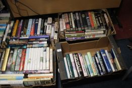 FOUR TRAYS OF HARDBACK NOVELS INCLUDING SOME FIRST EDITIONS