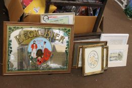 A QUANTITY OF PICTURES AND PRINTS TOGETHER WITH A BECKS BIER ADVERTISING MIRROR