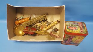 A BOX OF COLLECTABLES TO INCLUDE A TEA TIN, COSTUME JEWELLERY ETC.
