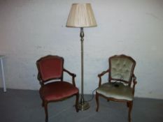 TWO MODERN REPRO BEDROOM CARVER CHAIRS AND A BRASS EFFECT STANDARD LAMP