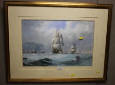 MICHAEL MATTHEWS GOUACHE AND WATERCOLOUR PAINTING OF A SEASCAPE DEPICTING SEVERAL SHIPS UNDER