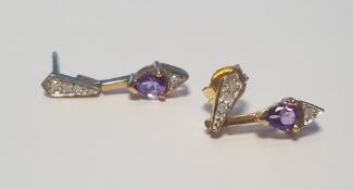 9 CT GOLD, AMETHYST AND DIAMOND DROP STUDS, ONE BUTTERFLY MISSING¦Condition Report:One butterfly