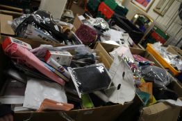 FOUR BOXES OF NEW ITEMS TO INCLUDE COSTUME MASKS, PHONE CASES, A DESK JOCKEY ETC.