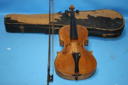 A CASED VIOLIN AND BOW A/F