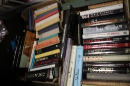 TWO TRAYS OF BOOKS ON MUSIC, THEATRE AND ENTERTAINMENT (TRAYS NOT INCLUDED)