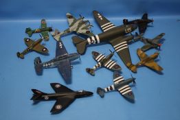 A COLLECTION OF CORGI DIECAST MILITARY AEROPLANES TO INCLUDE HAWKER HUNTER, SPITFIRE PRXIX,