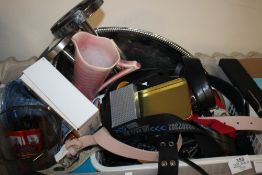 A BOX OF SUNDRIES TO INCLUDE CERAMIC CANDLESTICK HOLDERS, WHITE METAL TRAY ETC.