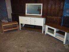 A BENTLEY DESIGNS PREMIER COLLECTION SIDEBOARD, TV MEDIA UNIT STAND AND MIRROR TOGETHER WITH AN