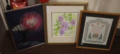 TWO FRAMED AND GLAZED MODERN TAPESTRIES TOGETHER WITH A WATERCOLOUR OF A CLEMATIS