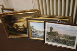 AN OIL ON CANVAS DEPICTING A LANDSCAPE SIGNED F. BEELK TOGETHER WITH THREE FRAMED PRINTS