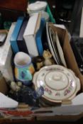 A TRAY OF CERAMICS TO INCLUDE LIDDED TUREENS, BOXED PICTURE PLATES ETC. (TRAY NOT INCLUDED)