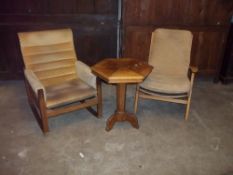 AN EASY CHAIR MADE BY CINTIQUE AND A ROCKING CHAIR MADE BY FURNPRO AND A PEDESTAL INLAID SIDE TABLE