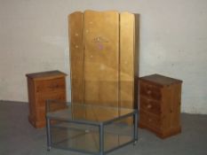 A PAINTER WARDROBE, A GLASS TV STAND AND TWO SOLID PINE THREE DRAW BEDSIDE CABINETS