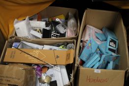 THREE BOXES OF NEW ITEMS TO INCLUDE LAUNDRY WASHING BALLS, TABLET CASES, SCREEN PROTECTORS