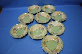 NINE CLARICE CLIFF BOWLS SOME CHIPPED¦Condition Report:All of the bowls have wear and scratches to